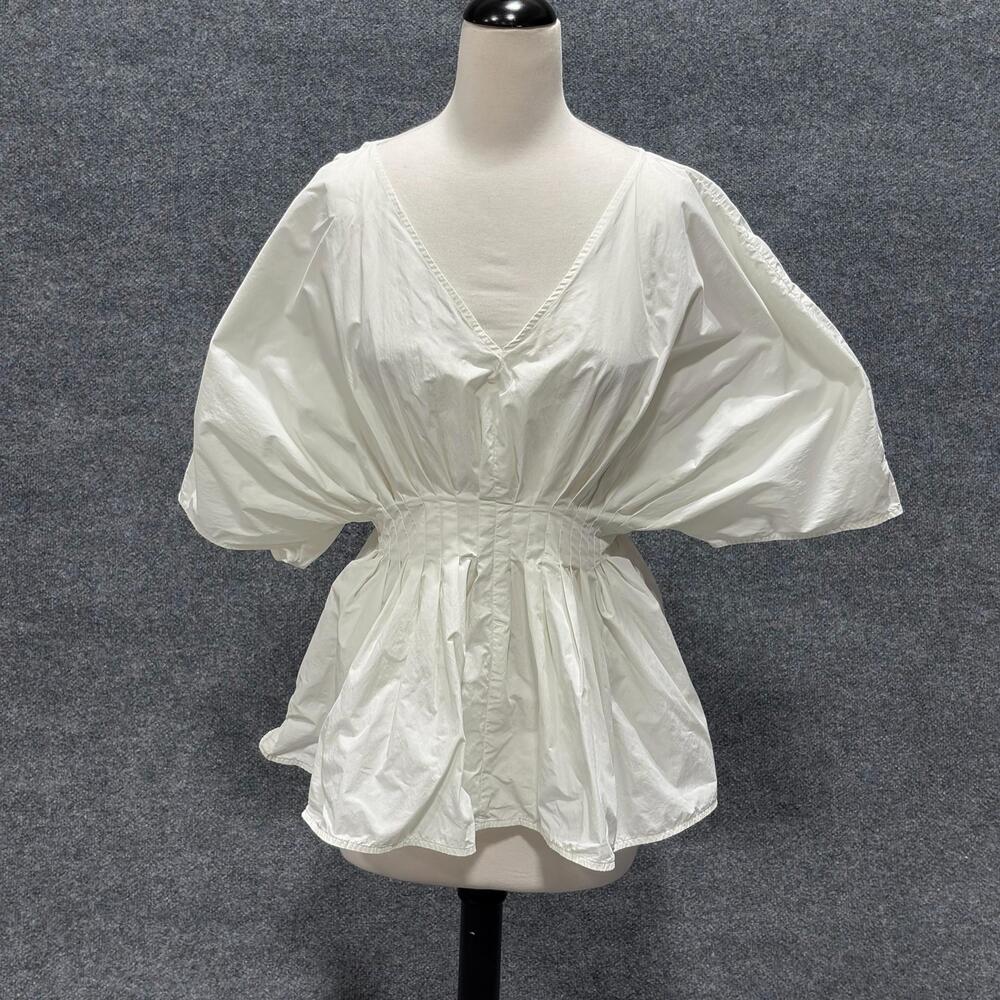 Co Blouse Womens Small White V Neck Kimono Sleeve Elastic Waist Tunic Top